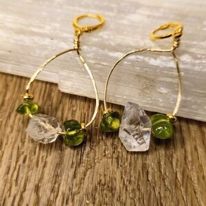 Elegant Herkimer Diamonds & Peridot All Genuine & Natural In Goldplated Earrings
